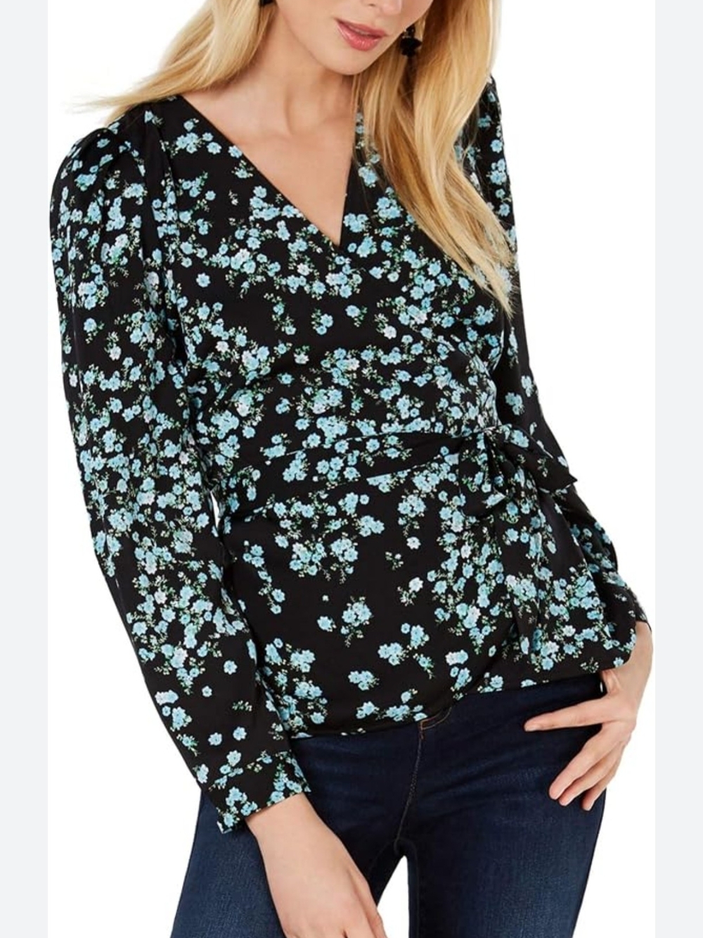 INC International Concepts Black Wrap Blouse with Light Blue Floral Print